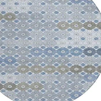 8' Denim Blue Gray And Ivory Round Floral Washable Indoor Outdoor Area Rug