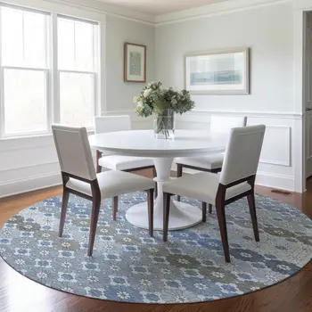 8' Denim Blue Gray And Ivory Round Floral Washable Indoor Outdoor Area Rug