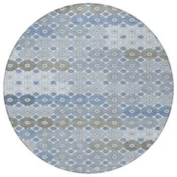 8' Denim Blue Gray And Ivory Round Floral Washable Indoor Outdoor Area Rug