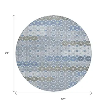 8' Denim Blue Gray And Ivory Round Floral Washable Indoor Outdoor Area Rug