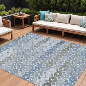 9' X 12' Denim Blue Gray And Ivory Floral Washable Indoor Outdoor Area Rug