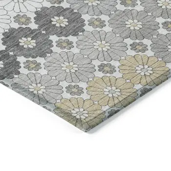 3' X 5' Gray Beige And Ivory Floral Washable Indoor Outdoor Area Rug