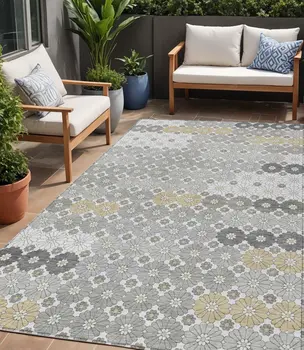5' X 8' Gray Beige And Ivory Floral Washable Indoor Outdoor Area Rug
