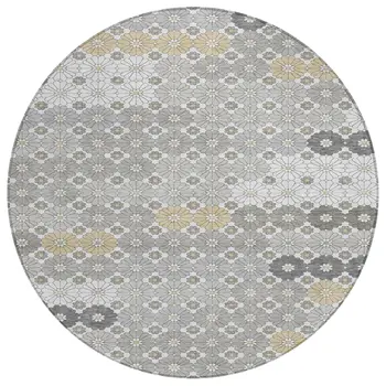 8' Gray Beige And Ivory Round Floral Washable Indoor Outdoor Area Rug