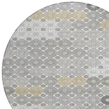 8' Gray Beige And Ivory Round Floral Washable Indoor Outdoor Area Rug