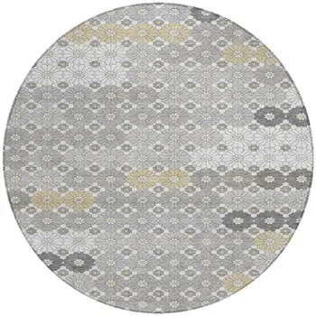 8' Gray Beige And Ivory Round Floral Washable Indoor Outdoor Area Rug
