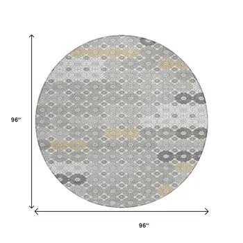8' Gray Beige And Ivory Round Floral Washable Indoor Outdoor Area Rug