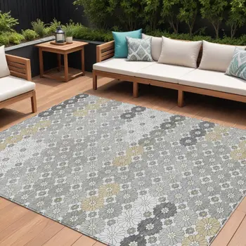 10' X 14' Gray Beige And Ivory Floral Washable Indoor Outdoor Area Rug