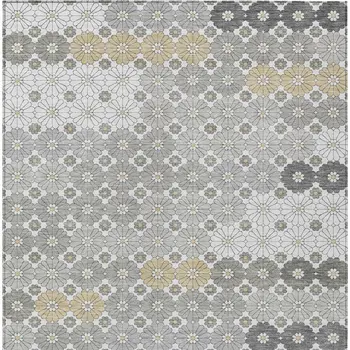 10' X 14' Gray Beige And Ivory Floral Washable Indoor Outdoor Area Rug