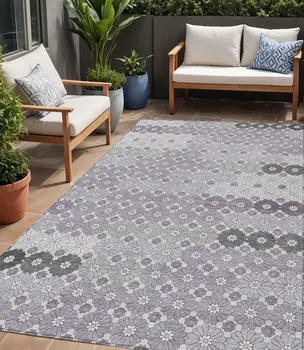 5' X 8' Lavender Gray And Ivory Floral Washable Indoor Outdoor Area Rug