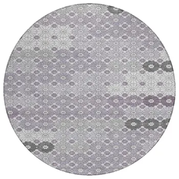 8' Lavender Gray And Ivory Round Floral Washable Indoor Outdoor Area Rug