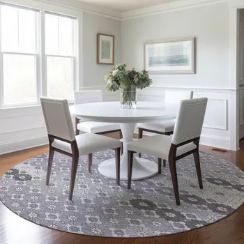 8' Lavender Gray And Ivory Round Floral Washable Indoor Outdoor Area Rug