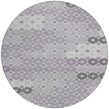 8' Lavender Gray And Ivory Round Floral Washable Indoor Outdoor Area Rug