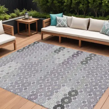 9' X 12' Lavender Gray And Ivory Floral Washable Indoor Outdoor Area Rug