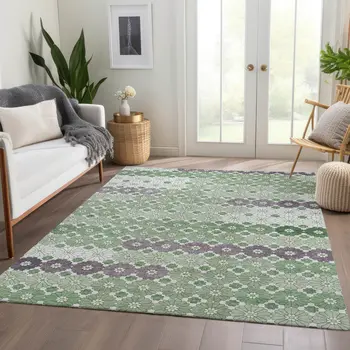 3' X 5' Sage Purple And Ivory Floral Washable Indoor Outdoor Area Rug