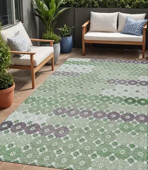 5' X 8' Sage Purple And Ivory Floral Washable Indoor Outdoor Area Rug