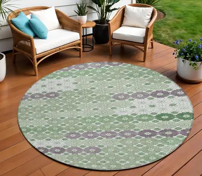 8' Sage Purple And Ivory Round Floral Washable Indoor Outdoor Area Rug