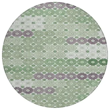 8' Sage Purple And Ivory Round Floral Washable Indoor Outdoor Area Rug
