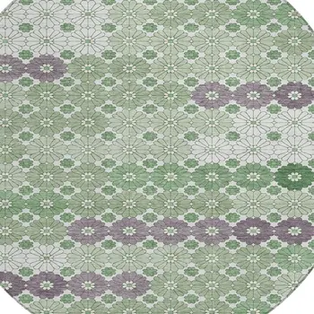 8' Sage Purple And Ivory Round Floral Washable Indoor Outdoor Area Rug