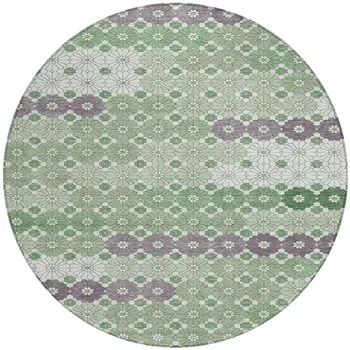8' Sage Purple And Ivory Round Floral Washable Indoor Outdoor Area Rug