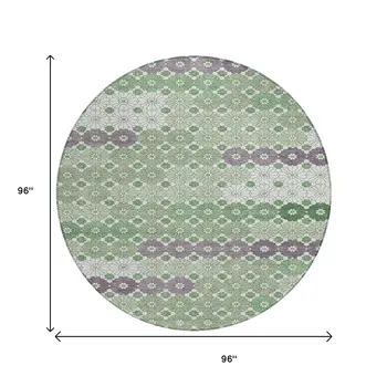 8' Sage Purple And Ivory Round Floral Washable Indoor Outdoor Area Rug