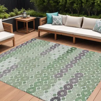 9' X 12' Sage Purple And Ivory Floral Washable Indoor Outdoor Area Rug