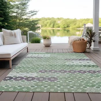 9' X 12' Sage Purple And Ivory Floral Washable Indoor Outdoor Area Rug