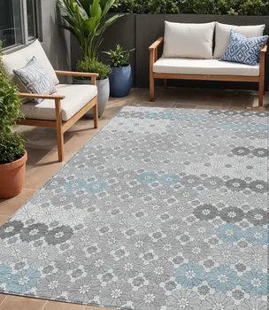 5' X 8' Silver Blue And Ivory Floral Washable Indoor Outdoor Area Rug