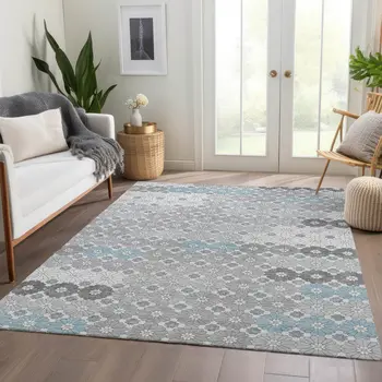 5' X 8' Silver Blue And Ivory Floral Washable Indoor Outdoor Area Rug