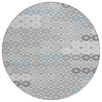 8' Silver Blue And Ivory Round Floral Washable Indoor Outdoor Area Rug