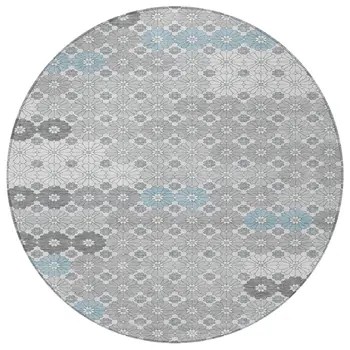 8' Silver Blue And Ivory Round Floral Washable Indoor Outdoor Area Rug