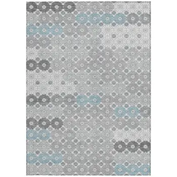 8' X 10' Silver Blue And Ivory Floral Washable Indoor Outdoor Area Rug