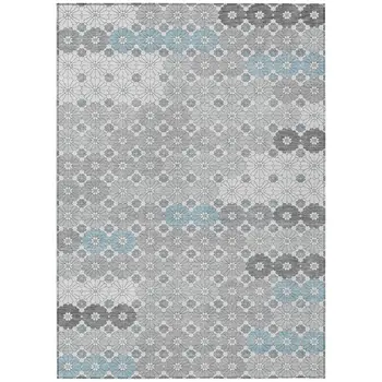 8' X 10' Silver Blue And Ivory Floral Washable Indoor Outdoor Area Rug