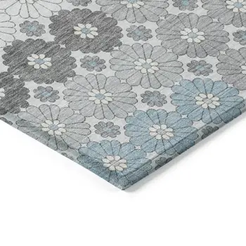 8' X 10' Silver Blue And Ivory Floral Washable Indoor Outdoor Area Rug