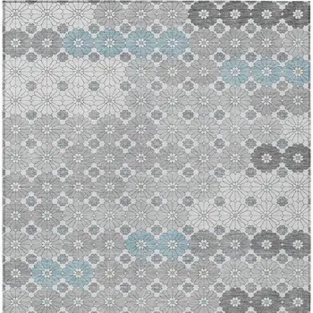10' X 14' Silver Blue And Ivory Floral Washable Indoor Outdoor Area Rug