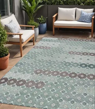 5' X 8' Teal Blue Gray And Ivory Floral Washable Indoor Outdoor Area Rug