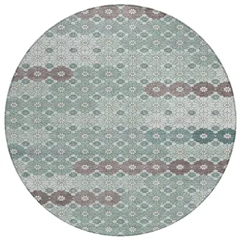 8' Teal Blue Gray And Ivory Round Floral Washable Indoor Outdoor Area Rug