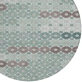 8' Teal Blue Gray And Ivory Round Floral Washable Indoor Outdoor Area Rug