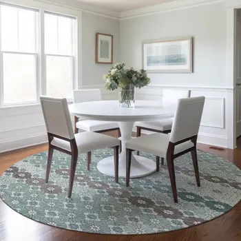 8' Teal Blue Gray And Ivory Round Floral Washable Indoor Outdoor Area Rug