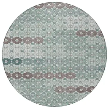 8' Teal Blue Gray And Ivory Round Floral Washable Indoor Outdoor Area Rug