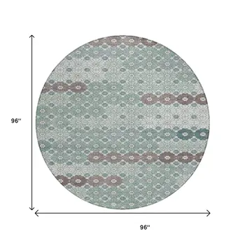 8' Teal Blue Gray And Ivory Round Floral Washable Indoor Outdoor Area Rug