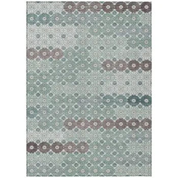 8' X 10' Teal Blue Gray And Ivory Floral Washable Indoor Outdoor Area Rug