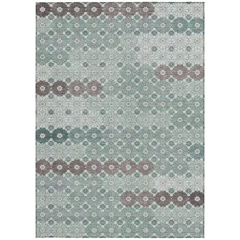 8' X 10' Teal Blue Gray And Ivory Floral Washable Indoor Outdoor Area Rug