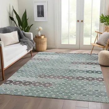 8' X 10' Teal Blue Gray And Ivory Floral Washable Indoor Outdoor Area Rug