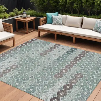 9' X 12' Teal Blue Gray And Ivory Floral Washable Indoor Outdoor Area Rug