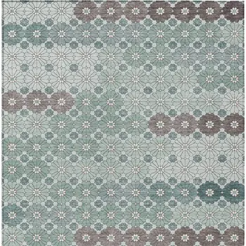 10' X 14' Teal Blue Gray And Ivory Floral Washable Indoor Outdoor Area Rug
