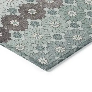 10' X 14' Teal Blue Gray And Ivory Floral Washable Indoor Outdoor Area Rug