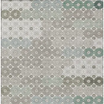 3' X 5' Taupe Teal Blue And Ivory Floral Washable Indoor Outdoor Area Rug