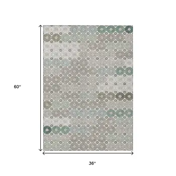 3' X 5' Taupe Teal Blue And Ivory Floral Washable Indoor Outdoor Area Rug
