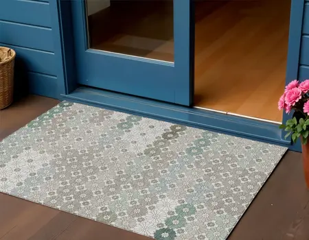 3' X 5' Taupe Teal Blue And Ivory Floral Washable Indoor Outdoor Area Rug